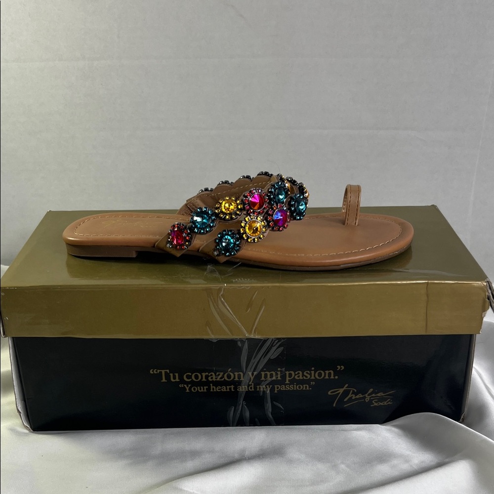 Thalia Sodi Brown Sandals with Colorful Embellishments‎ Women’s 6.5 M Joya Jewel